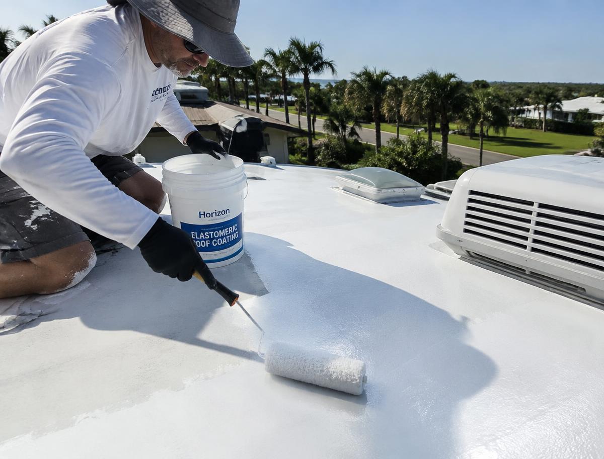White coating being rolled onto an RV roof